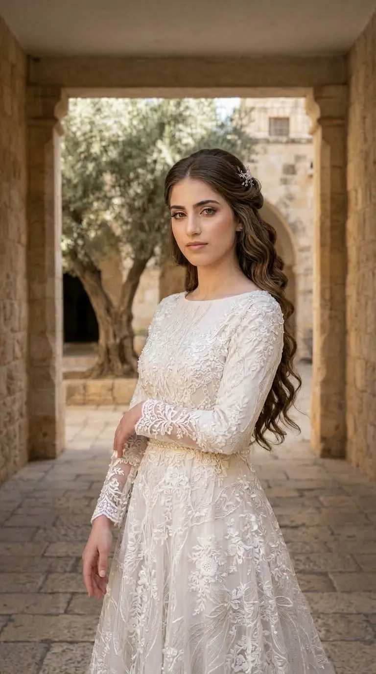 שמלת כלה בגזרת A בעלת שרוולים ארוכים וצווארון עגול, העשויה מבד בגוון שמנת המכוסה כולו בתחרה פרחונית וברקמה עשירה. המותן מעוטרת בחגורת פנינים עדינה, וממנה נשפכת חצאית רחבה המשלבת אלמנטים של תחרה ועיטורים מורכבים לכל אורכה.
