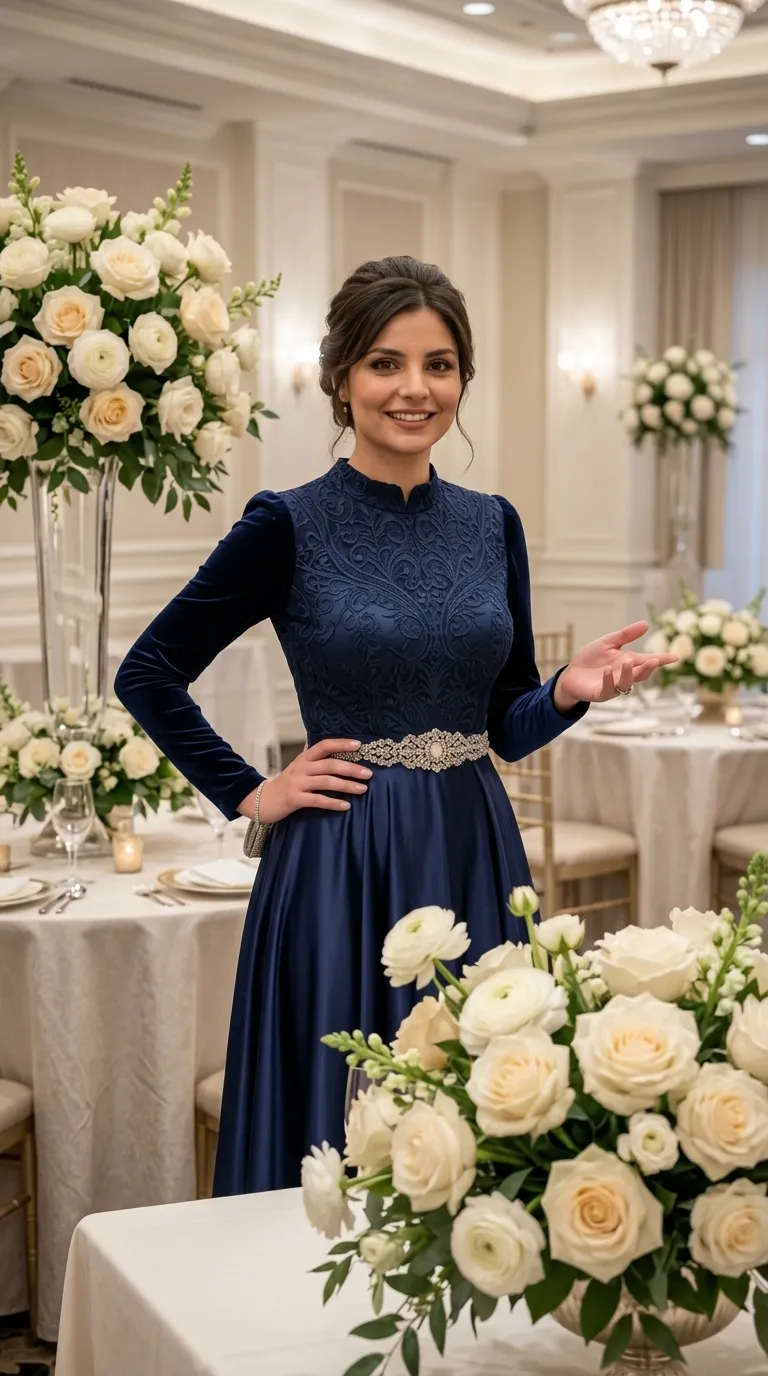 A deep blue evening dress that combines long velvet sleeves and a high collar with a top decorated with rich, detailed embroidery. A sparkling crystal belt is designed at the waist, from which a smooth, shiny A-line satin skirt flows.