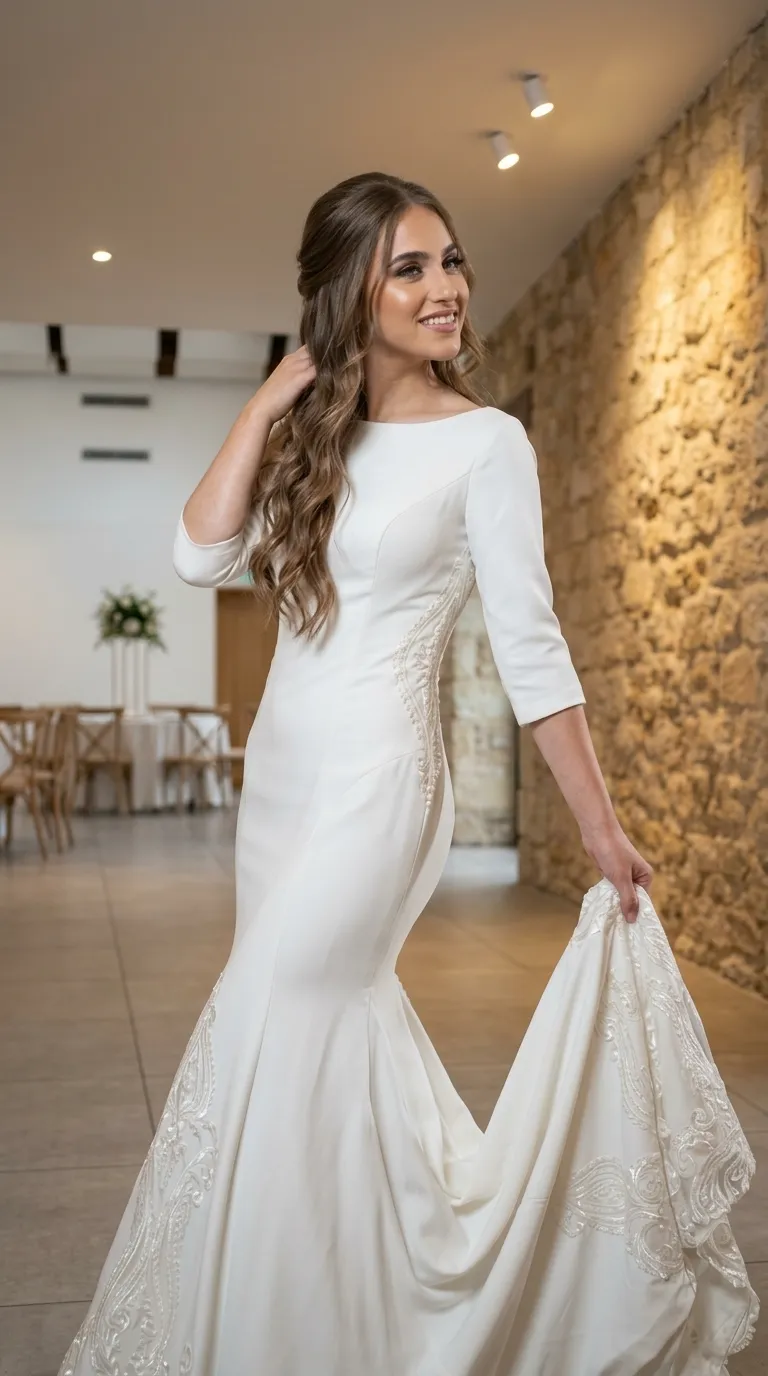 שמלת כלה לבנה בגזרת בת הים עשויה מבד חלק ואיכותי, בעלת מחשוף סירה גבוה ושרוולים צמודים באורך שלושה רבעים. צדי השמלה והשובל המתרחב מעוטרים ברקמות תחרה עדינות ושיבוצי חרוזים לבנים המשתלבים לאורך הגוף ועד לקצה החצאית.