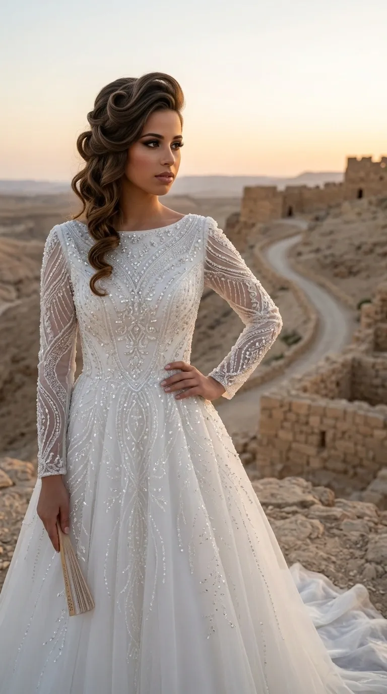 A white A-line wedding dress with a boat neckline and long sleeves, decorated throughout with rich handwork of beads, sequins and embroidery in complex geometric patterns. The lower part of the dress is made of layers of airy tulle fabric decorated with vertical rhyming decorations that continue the style of the decoration of the bodice and sleeves.