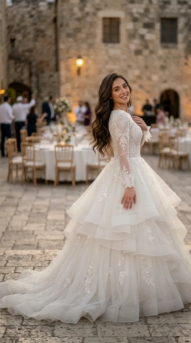 שמלת כלה לבנה בגזרת נסיכה נפוחה, המורכבת מחצאית טול בעלת שכבות וקפלים מדורגים המעוטרת באפליקציות פרחוניות עדינות ושובל ארוך. החלק העליון כולל מחשוף עגול ושרוולים ארוכים ושקופים למחצה, העשויים בד תחרה עשיר בדוגמאות מורכבות הממשיכות לאורך הזרועות עד לפרקי הידיים.