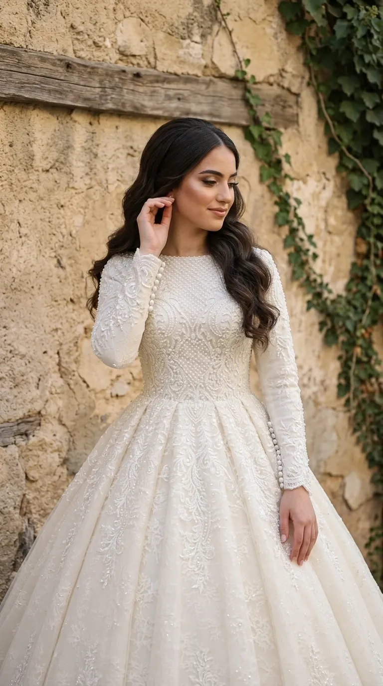 A cream-colored princess-cut wedding dress with a puffy skirt and a fitted waist, decorated with rich handwork of lace, embroidery and pearl and beading. The dress has long, fitted sleeves featuring pearl button embellishments on the shoulders and wrists, and a high round neckline. The lace and beading patterns continue from the designed top into the skirt fabric made of layers of tulle and delicate textiles.