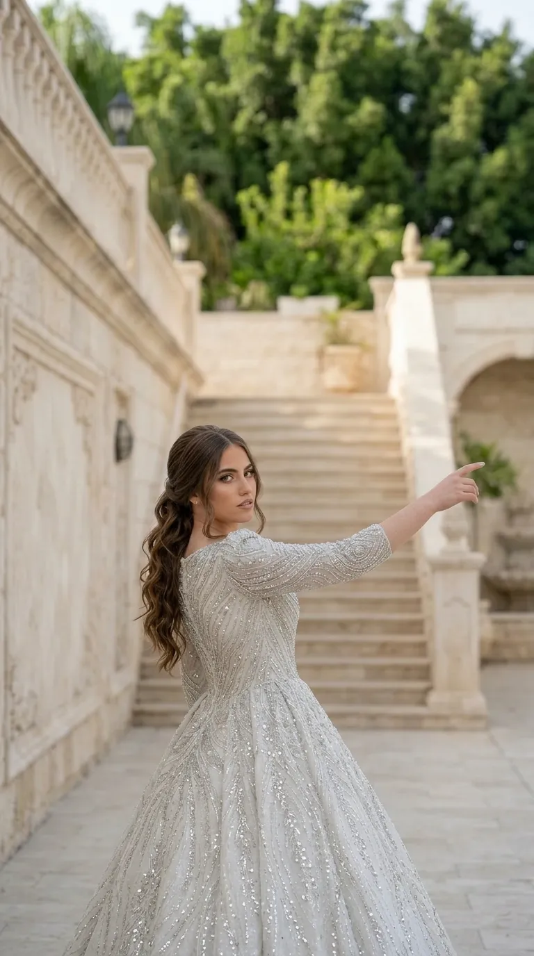 A luxurious wedding dress in a puffy princess cut, featuring fitted three-quarter length sleeves and a high round neckline. The fabric is adorned throughout with rich handwork of shimmering beads and sequins woven into geometric patterns and organic shapes flowing throughout the garment. The design combines a fitted, densely decorated bodice that flares from the waist to a wide, impressive, voluminous skirt.