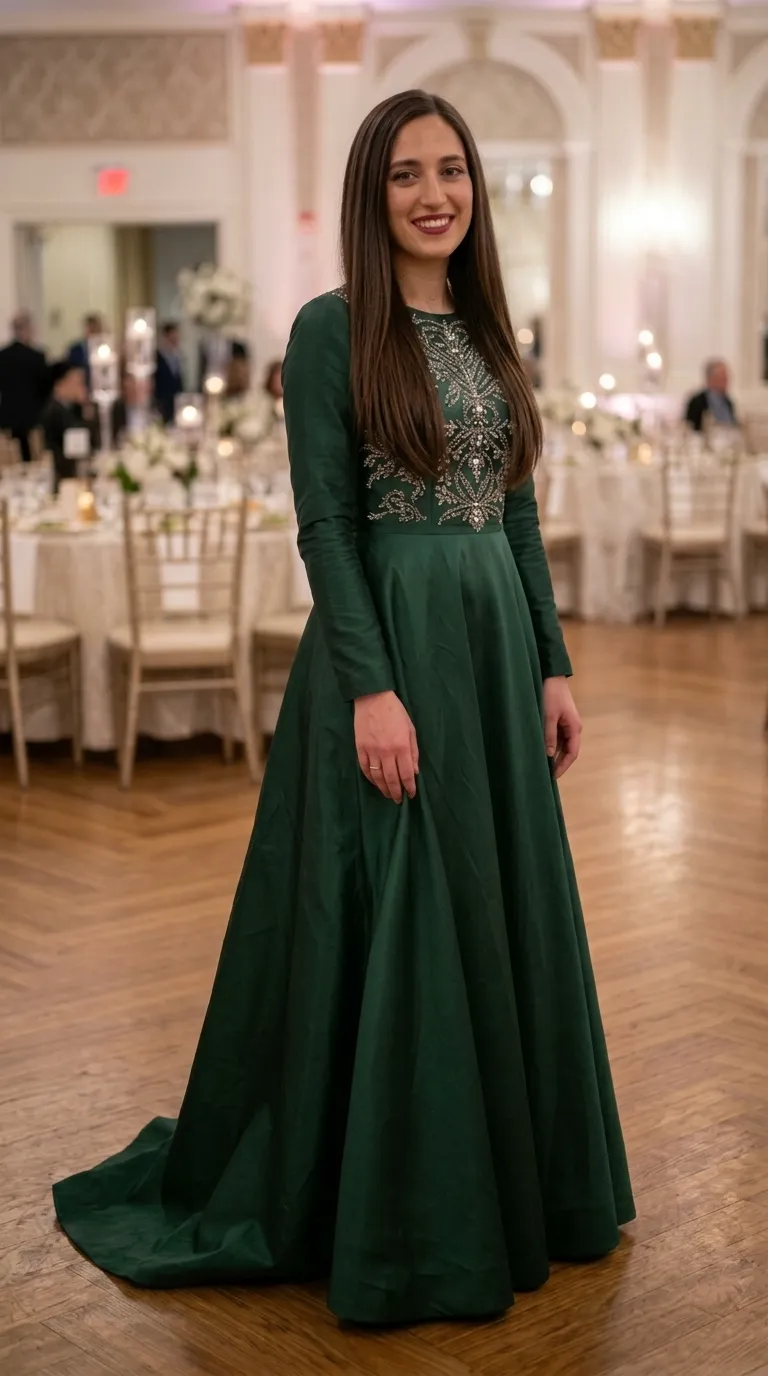 A bottle green evening dress made of sturdy, shiny fabric, with long sleeves and a high round neckline. The top of the dress is decorated with rich silver embroidery and beading in symmetrical patterns, and the skirt is designed in a wide A-line that flows to the floor with a small train.