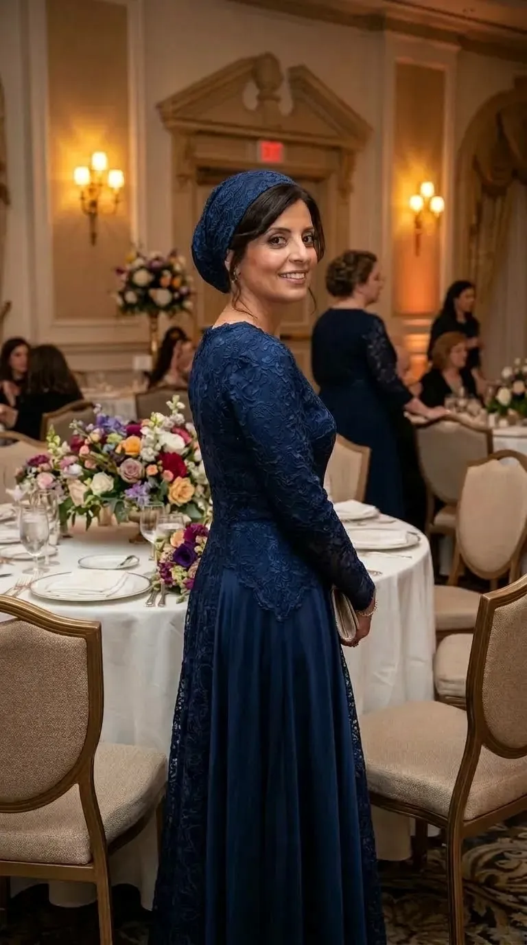 A navy blue evening gown featuring a rich floral lace bodice with long sleeves and a closed round neckline. The skirt of the dress is long and flared in an A-line, combining panels of smooth, flowing fabric with matching lace trims along its length. The lace from the top flows into the skirt in a pointed trim that emphasizes the waist.
