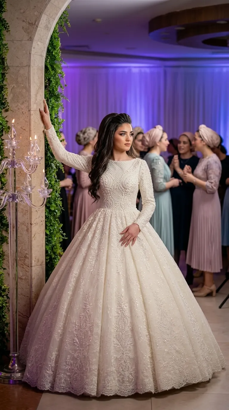 A puffy princess-cut wedding dress with long fitted sleeves and a closed round neckline. The entire dress is adorned with rich lace embroidery, beads and pearls that densely cover the upper body and blend into vertical patterns along the wide skirt. The fabric is characterized by a shimmering and luxurious look with a worked lace finish at the hem.