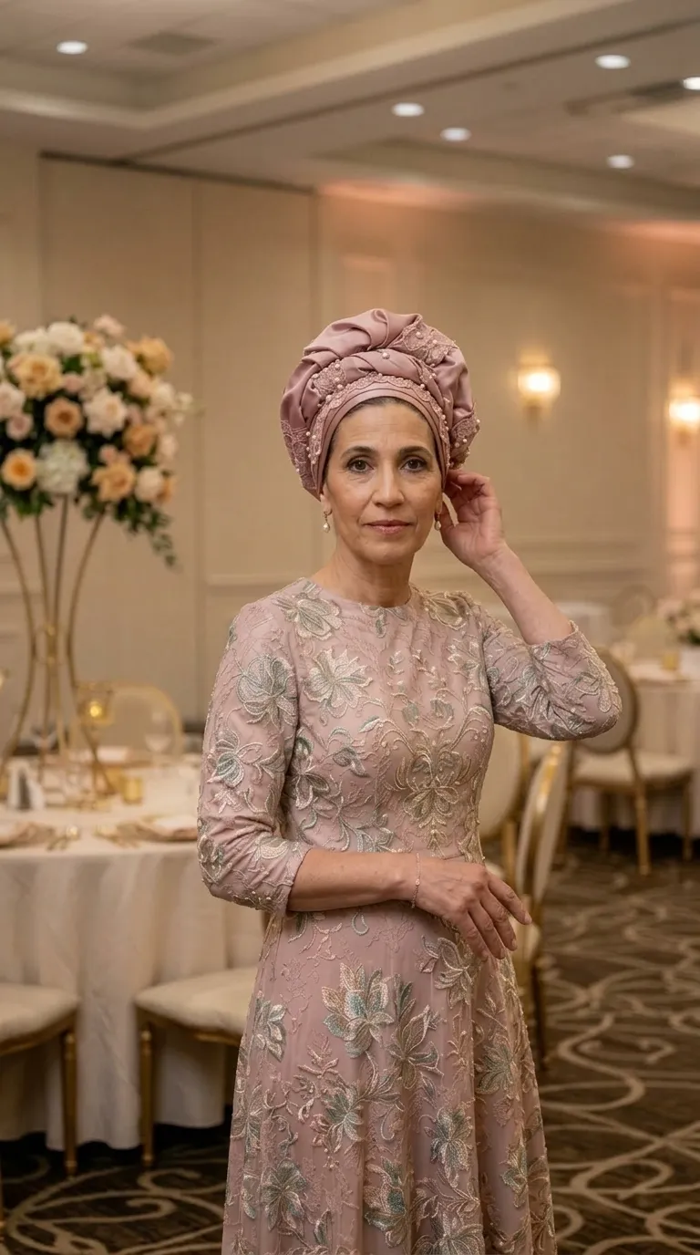 An antique pink A-line evening dress with a round neckline and three-quarter sleeves, made of lace fabric with striking floral embroidery in shades of silver and cream. The outfit includes a matching turban-style headdress decorated with lace and small pearls that complete the elegant look.