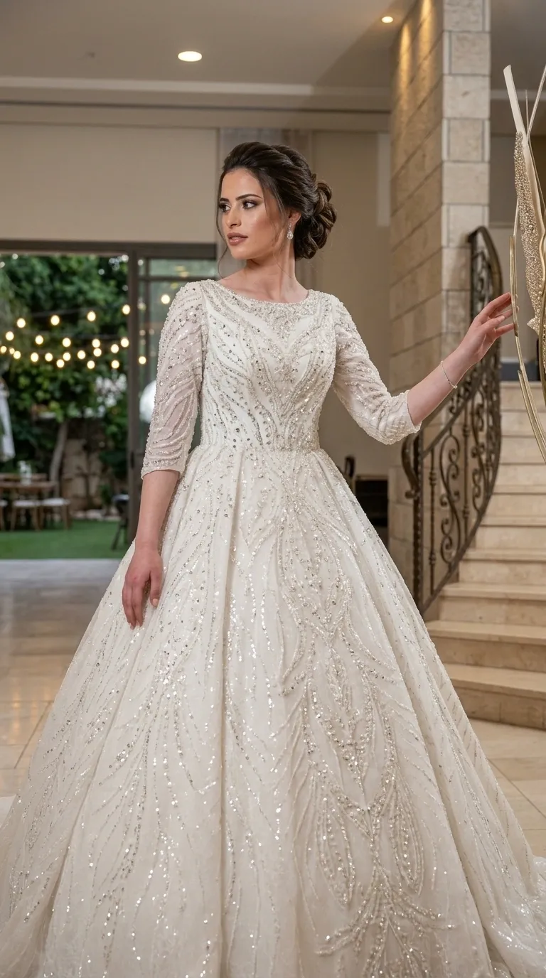 A princess-cut wedding dress with a round neckline and three-quarter sleeves, decorated throughout with beaded and sequined embroidery in sparkling, twisting patterns. The dress is characterized by a fitted bodice and a wide, voluminous skirt that emphasizes the intricate work of embellishments on delicate fabric.