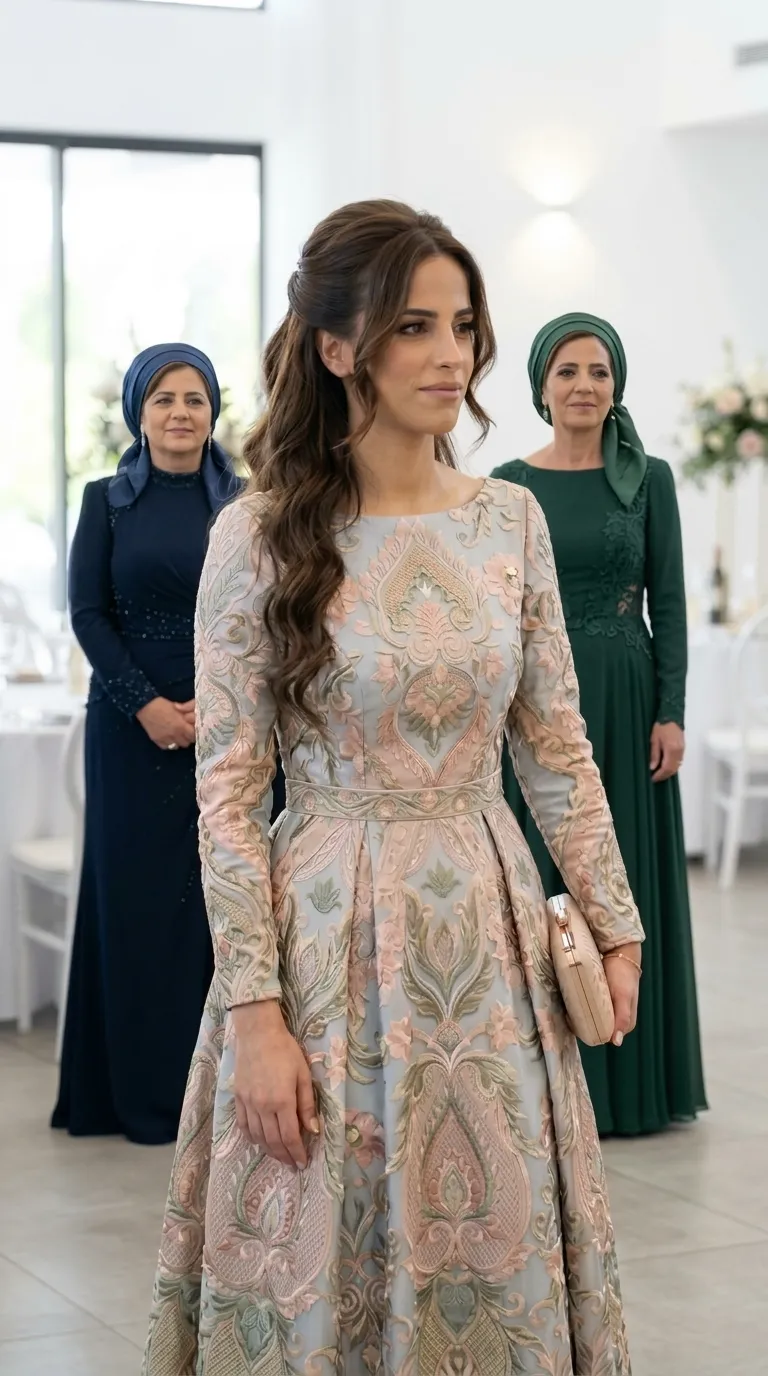 An A-line evening dress with a defined waist and embroidered belt, featuring a modest round neckline and long sleeves. The dress is made of light blue fabric decorated throughout with rich and luxurious symmetrical embroidery in arabesque patterns and flowers in shades of pink-peach and green.