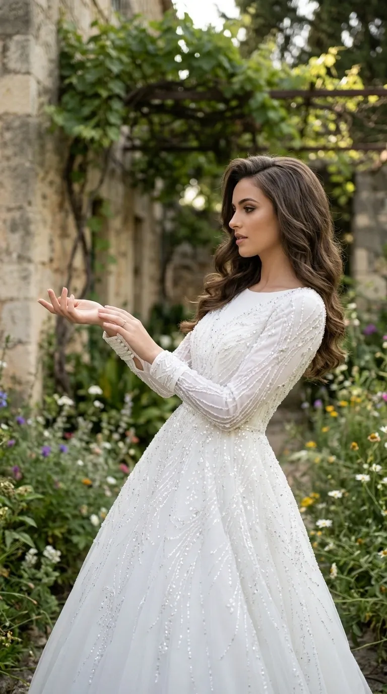 A white A-line wedding dress with a round neckline and long sleeves decorated with a delicate row of buttons at the wrists. The dress is made of delicate tulle and has a rich rhyme of sparkling sequins in wavy line patterns that extend from the shoulders to the end of the puffy skirt.