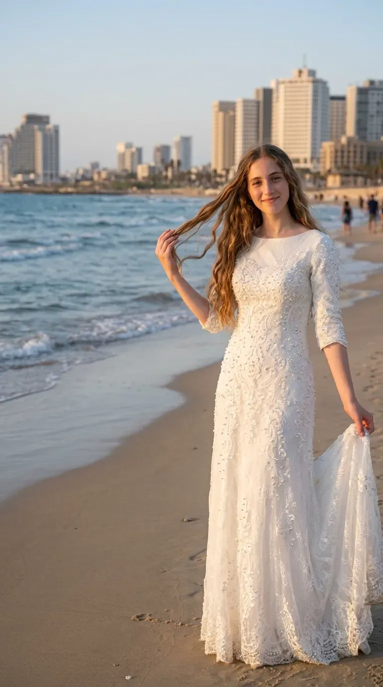 שמלת כלה לבנה בגזרה ישרה עם מחשוף סירה גבוה ושרוולי שלושת-רבעי עשויים תחרה שקופה למחצה. השמלה מעוטרת לכל אורכה ברקמות תחרה פרחוניות, חרוזים ופנינים קטנות המקנים לה מראה עשיר ומרקם בולט. חלקה התחתון של השמלה נשפך ברכות עד לרצפה ומסתיים בשולי תחרה מעוטרים.