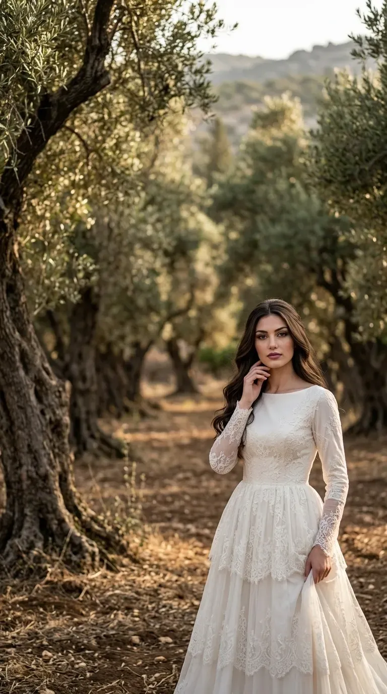 שמלת כלה בגוון אוף-וויט בעלת מחשוף סירה גבוה ושרוולים ארוכים המשלבים בדי תחרה עדינים ורקומים. גזרת השמלה צמודה במותן ומתרחבת לחצאית שכבות עשירה המעוטרת בדוגמאות תחרה פרחוניות לאורכה ובשוליה.