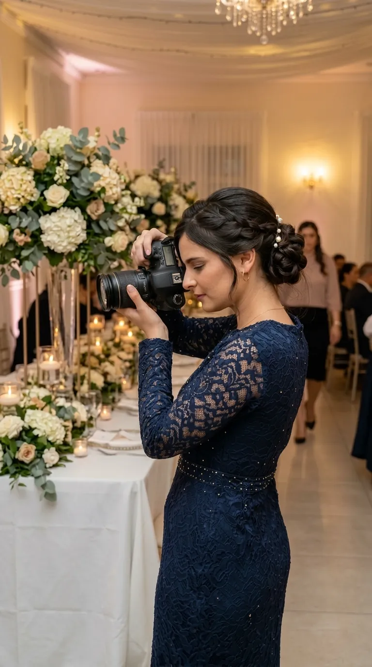 A tight-fitting blue evening dress made of lace fabric with a delicate floral pattern, featuring long sleeves and a round neckline. The dress's waist is adorned with a thin belt decorated with small, sparkling beads along its length.