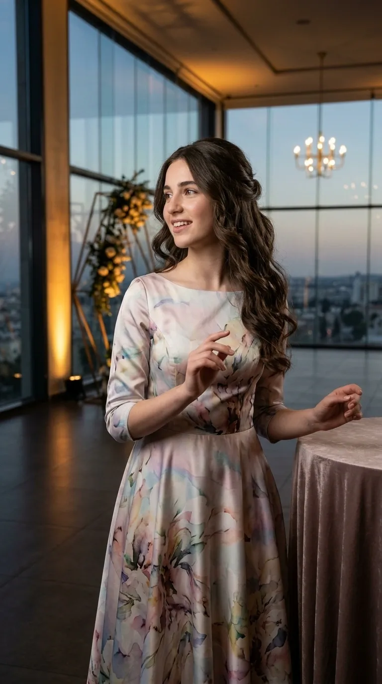 An evening dress with a boat neckline and three-quarter sleeves, made of a delicately shiny fabric with a watercolor-style floral print in pastel shades. The dress is designed in a cut that includes a fitted top with an accentuated waist and a flared skirt that flows softly downwards.