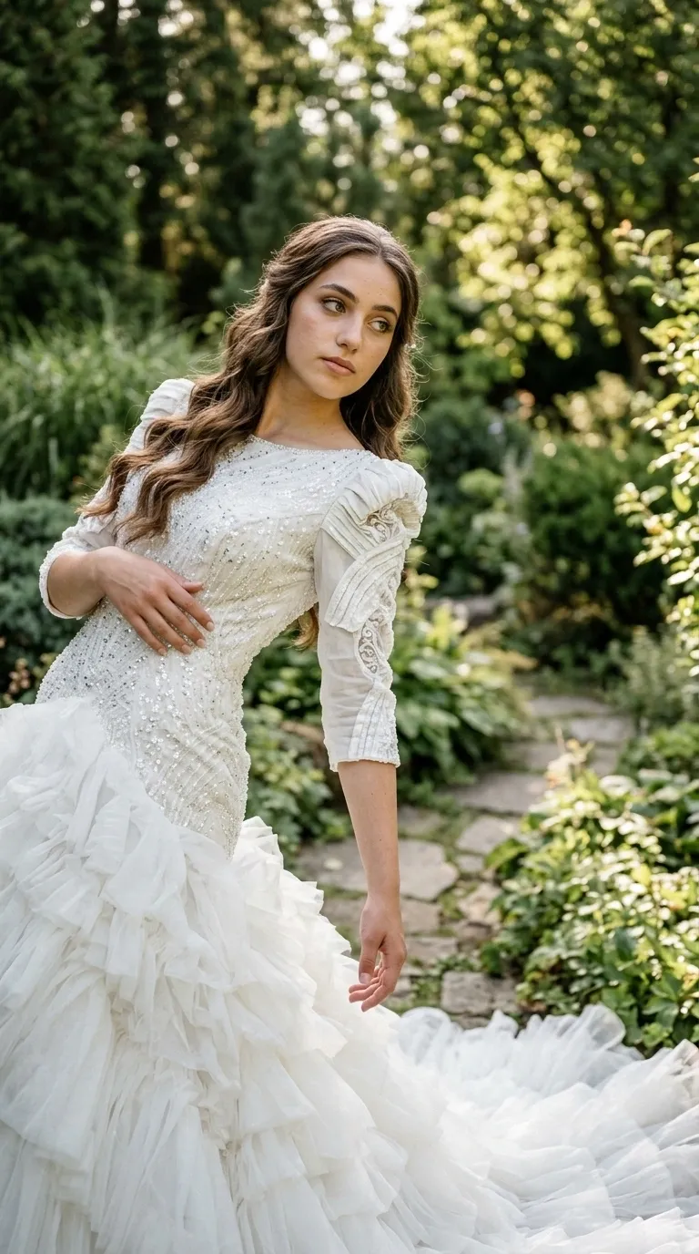An off-white wedding dress featuring a fitted bodice decorated with beading and shimmering sequins, with a boat neckline and three-quarter sleeves featuring puffed shoulders and lace trim. The lower part of the dress consists of a wide, voluminous, ruffled skirt made of many layers of soft tulle that unfolds like a long train.