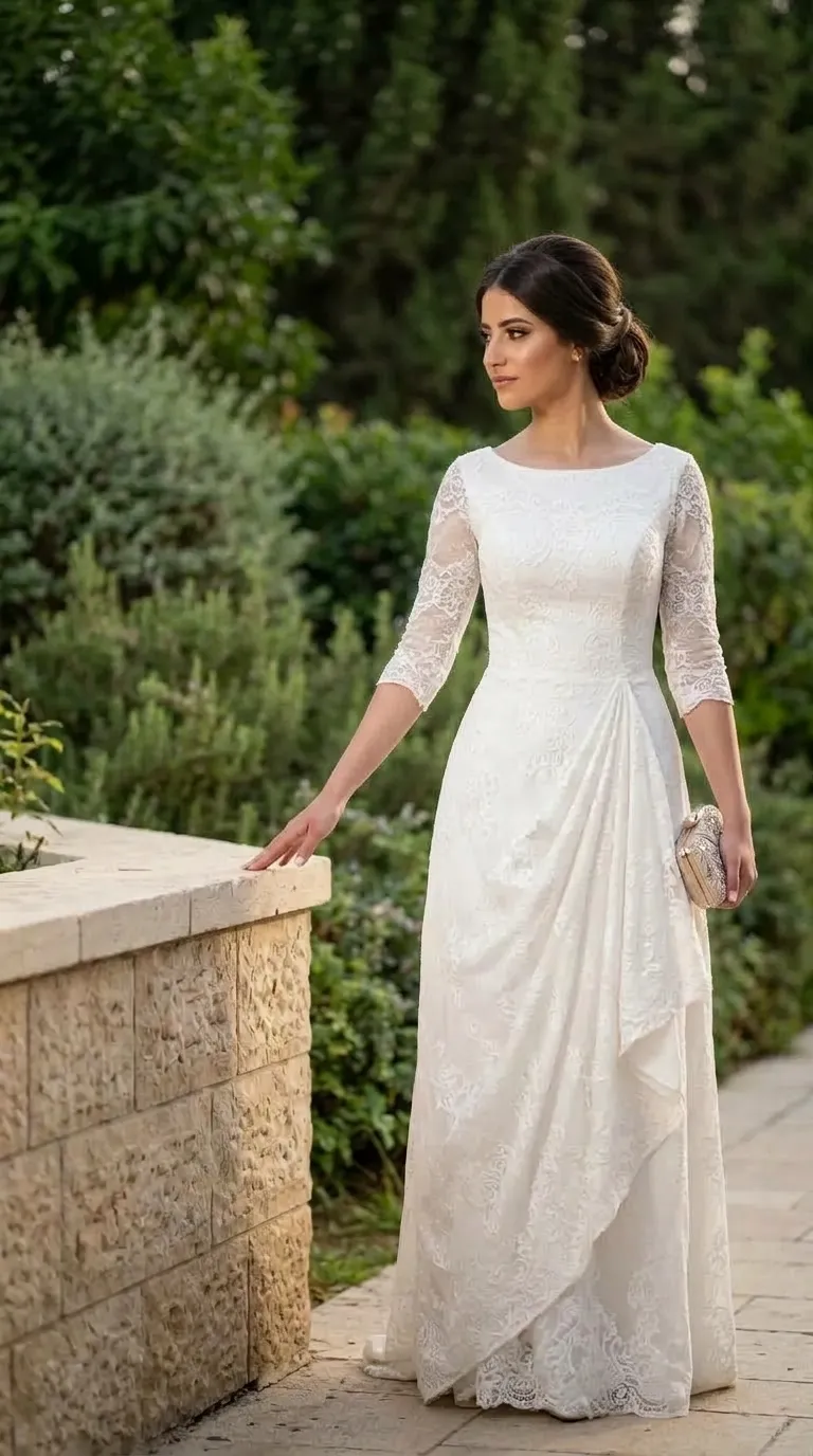 שמלת כלה לבנה באורך מלא העשויה כולה מתחרה עדינה בדוגמה פרחונית, בעלת שרוולי שלושה רבעים צמודים וצווארון סירה קלאסי. גזרת השמלה צמודה במותן וכוללת חצאית עם אלמנט של בד עוטף היוצר כיווצים ודירוג רך בחלקה הקדמי.