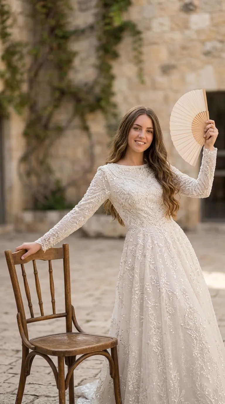 שמלת כלה צנועה תפורה בעיצוב אישי מבדים איכותיים ותחרות וחרוזים שרוולים ארוכים וצווארון סירה