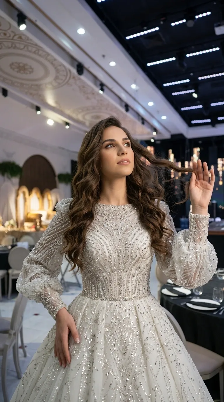 A ball gown with a closed round neckline and long, puffy sleeves ending in tight cuffs with buttons. The fabric is decorated throughout with a dense, rich embroidery of beads, stones, and sparkling sequins in geometric and symmetrical patterns that give it a luxurious look. The waist is emphasized with a thin decoration from which a wide, full skirt flows that maintains the intricate decorations throughout its length.