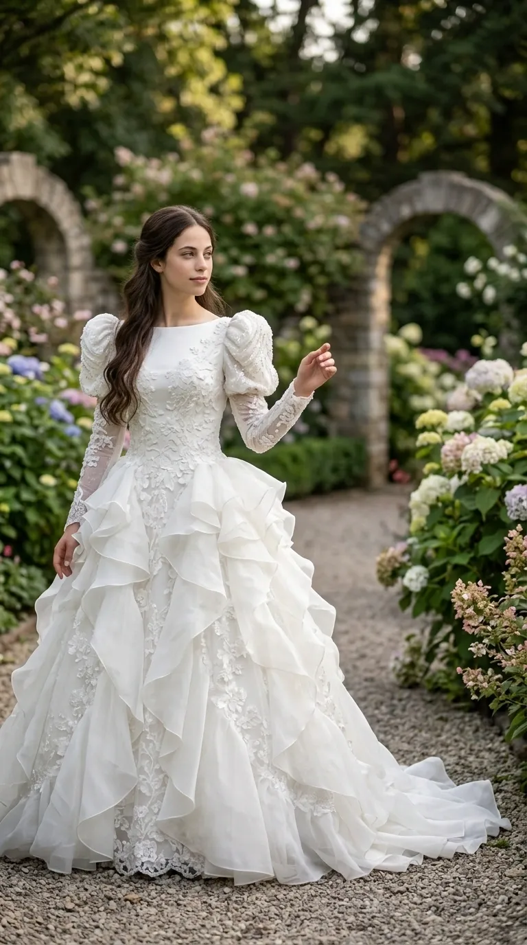 A white princess-cut wedding dress with a closed boat neckline and long sleeves with puffy shoulders decorated with rich lace. The upper part of the garment is made of floral lace appliqués that continue to a puffy skirt composed of layers of organza or tulle ruffles. The dress is decorated throughout with delicate lace decorations and ends with a wide train.