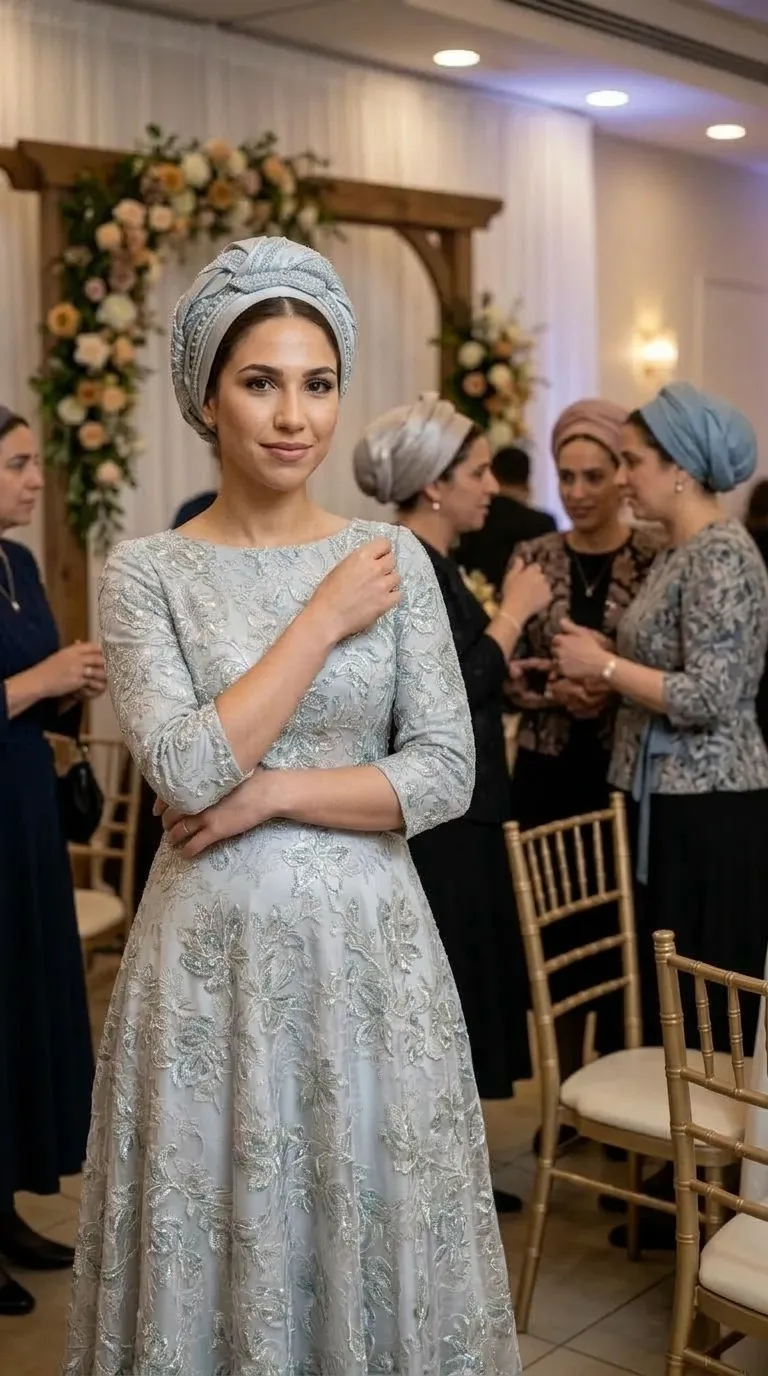 A-line evening dress in a silver-blue color, made of rich lace fabric with floral embroidery and sparkling sequins. The dress has a boat neckline and three-quarter-length sleeves, and it flares from the waist downwards in a soft fall.