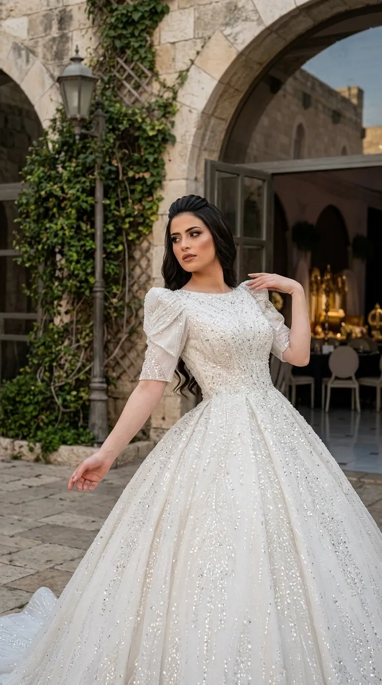 A white wedding dress with a puffy princess cut, decorated entirely with rich handmade beading and shimmering sequins in linear patterns. The dress has a round, closed neckline and short, puffy sleeves with emphasized shoulders, which blend into a wide, flowing skirt made of delicate tulle layers.