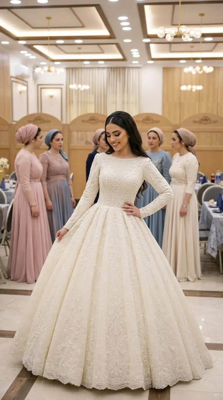 An off-white wedding dress with a puffy princess cut, featuring long fitted sleeves and a closed boat neckline adorned with a row of pearls. The garment is made of rich fabric covered throughout with intricate lace work, beads and pearls in delicate ornamental patterns. The skirt of the dress is very wide and features vertical lace trims that end in a hem decorated with curled lace.
