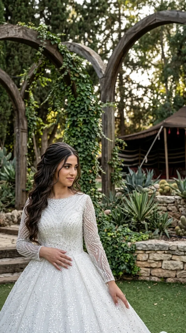A white princess-cut wedding dress with a puffy skirt, a fitted bodice, a round neckline, and long sleeves. The dress is densely decorated throughout with beaded embroidery and sparkling sequins in patterns of curved lines and geometric shapes.