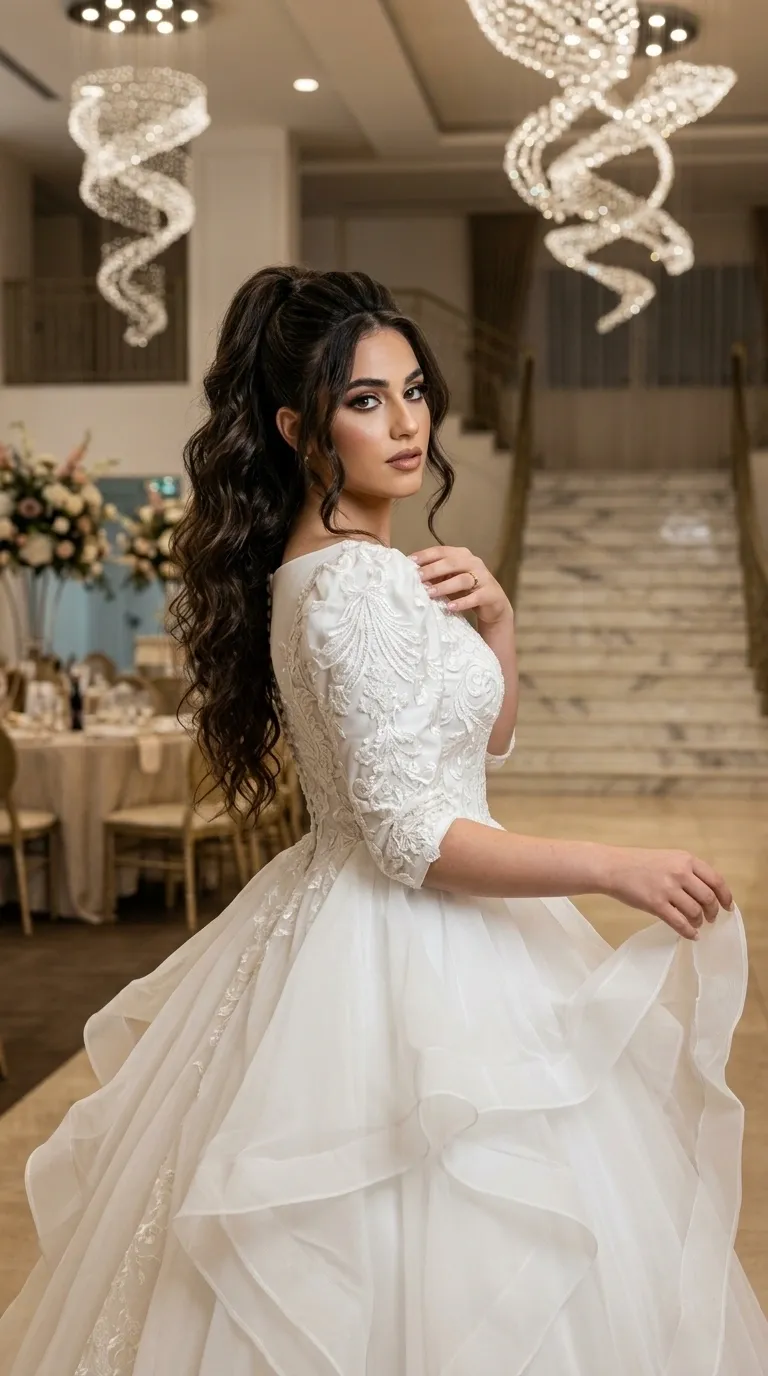 שמלת כלה לבנה בגזרת נפוחה בעלת חלק עליון המעוטר בתחרה עשירה, רקמות פרחוניות וחרוזים עדינים, עם מחשוף סירה ושרוולים באורך שלושה רבעים. חלקה התחתון של השמלה עשוי משכבות רבות של בד טול אוורירי היוצרות נפח רב, וגב הבגד כולל שורת כפתורים קלאסית הנמשכת מטה לאורך עיטורי התחרה.