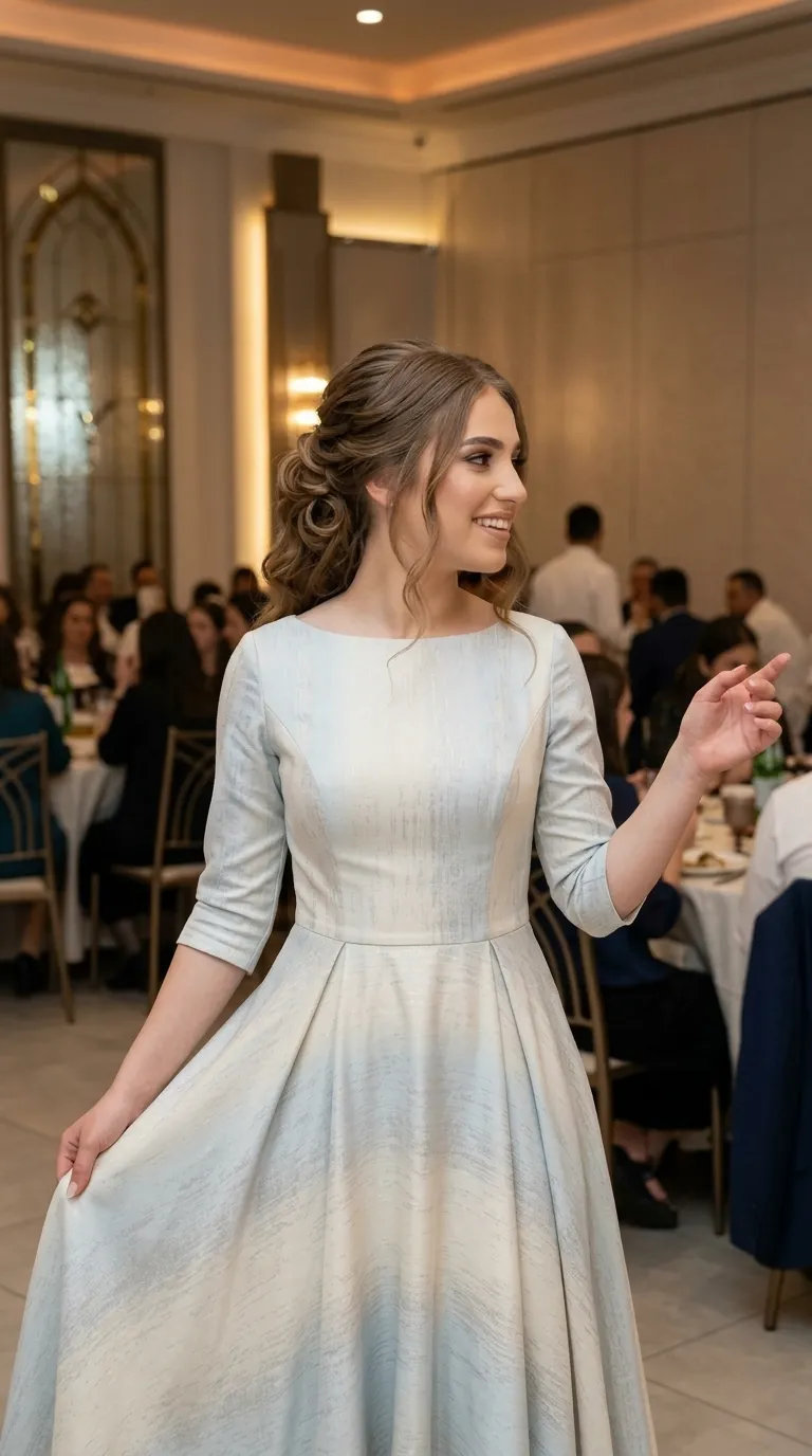 An A-line evening dress with a wide boat neck, made of a delicately textured fabric that combines shades of light blue and white in a marble-like look. The dress has three-quarter length sleeves, a defined waist, and a flowing skirt with subtle gathers at the top.