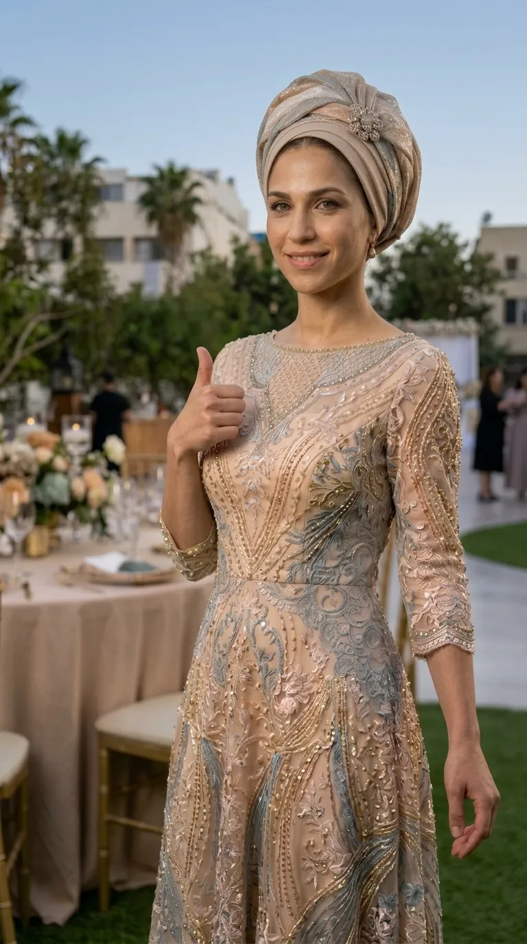 A luxurious A-line evening dress in a champagne hue, featuring a delicate boat neckline and tight three-quarter length sleeves. The dress is made of a fabric rich in lace, beads and sequins in shades of gold, silver and light blue, interwoven with intricate floral and ornamental patterns throughout.