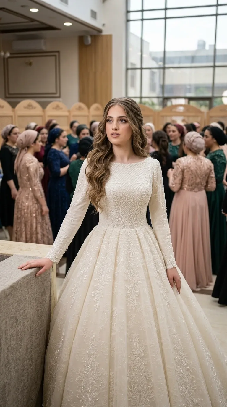A cream-colored wedding dress with a puffy princess cut, long fitted sleeves and a closed boat neckline. The dress is decorated throughout with intricate lace embroidery that combines delicate beads and pearls to create rich ornamental patterns. The wide skirt includes pleats at the waist that give it great volume, and continues the detailed lace decorations to its hem.