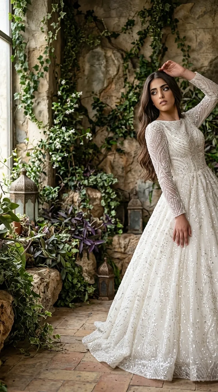 A white princess-cut wedding dress with a round, closed neckline and long sleeves, decorated entirely with rich handwork of beads, sequins and embroidery in rounded, geometric patterns. The dress is characterized by an accentuated waist and a wide, voluminous skirt that gives it a sparkling and luxurious look.