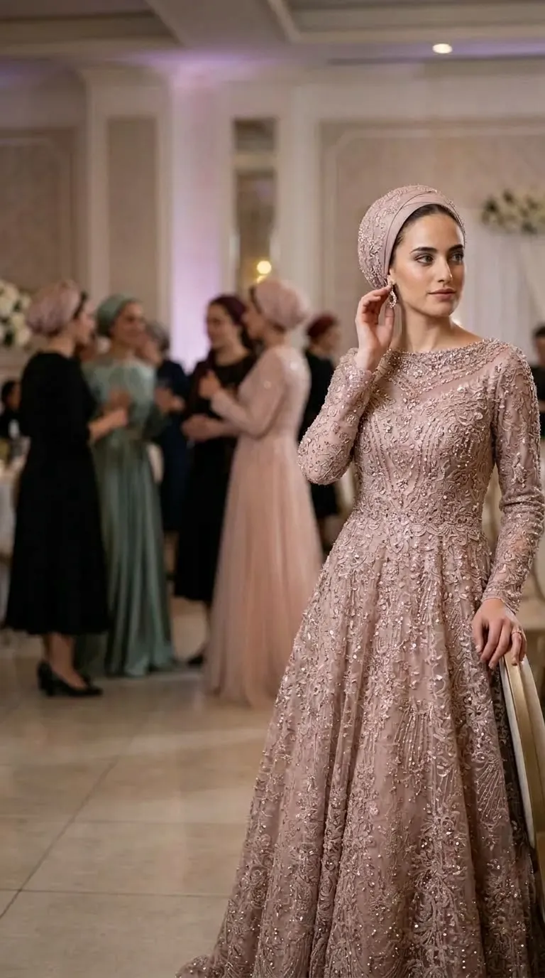 An antique pink A-line evening dress featuring long sleeves and a high round neckline adorned with sparkling beads and inlays. The dress is made of a rich fabric with lace embroidery and intricate floral patterns that cover its entire length, combined with delicate sequins that give it a glamorous look. The lower part of the dress flares from the waist downwards in a delicate, flowing volume that reaches all the way to the floor.