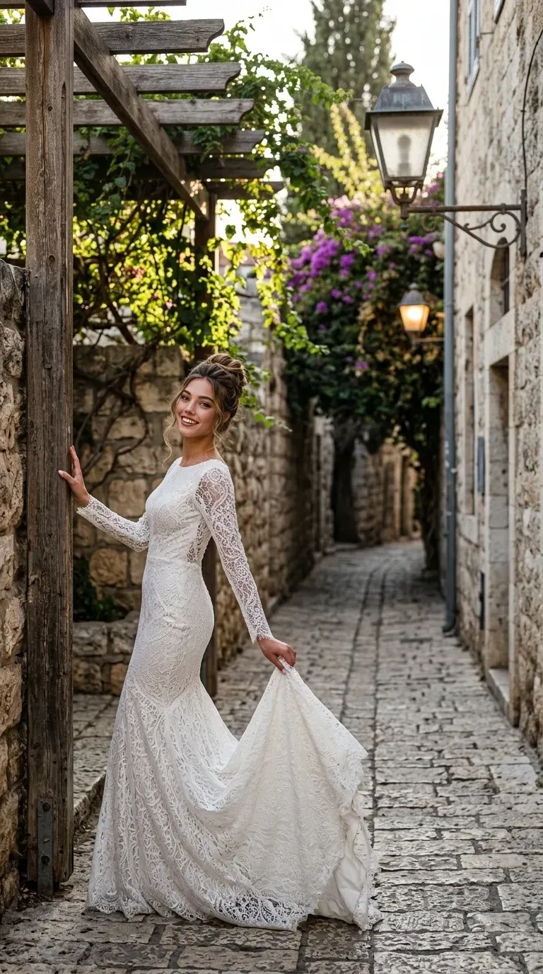שמלת כלה לבנה בגזרת בת-ים צמודה העשויה כולה מבד תחרה עשיר בדוגמאות מורכבות, הכוללת שרוולים ארוכים ומפתח צוואר עגול וגבוה. חלקה התחתון של השמלה מתרחב למכפלת רחבה עם שובל עדין המדגיש את טקסטורת התחרה המעוטרת לכל אורכה.