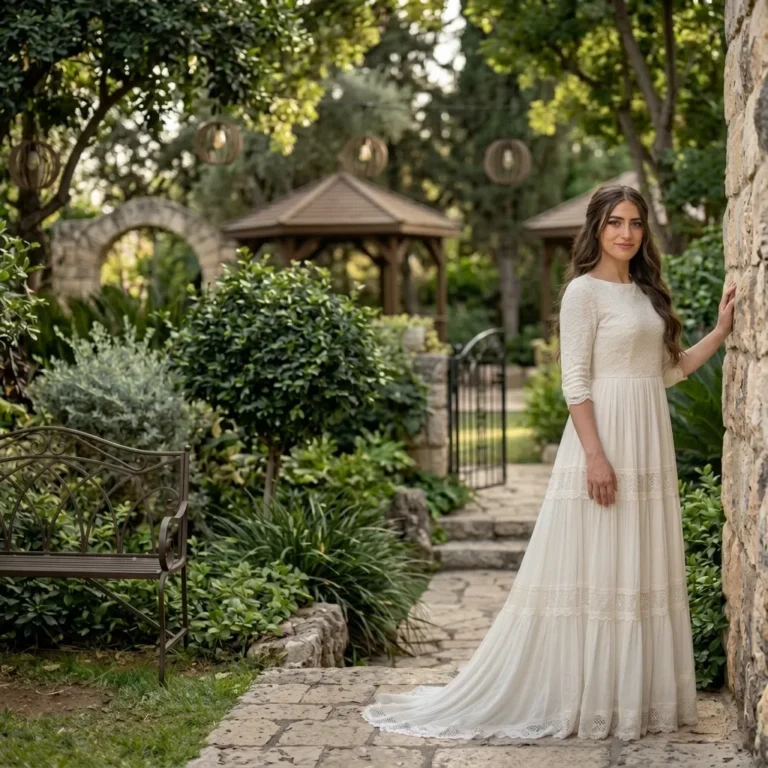 שמלת כלה בסגנון בוהו שיק בגוון שמנת בעלת חלק עליון מעוטר תחרה, צווארון עגול ושרוולים באורך המרפק. חצאית השמלה ארוכה ונשפכת בגזרת A, ומשולבים בה פסי תחרה אופקיים עדינים לכל אורכה ועד לשוליים המתרחבים ליצירת שובל קטן.