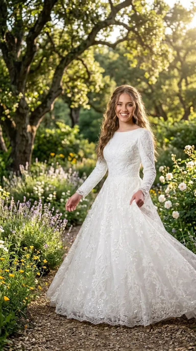 A white A-line wedding dress with long sleeves and a high boat neck, decorated entirely with floral lace and delicate sequins that give it shine. The skirt of the dress is rich and puffy with layers of tulle and lace, and ends with a decorated hem that matches the end of the sleeves.