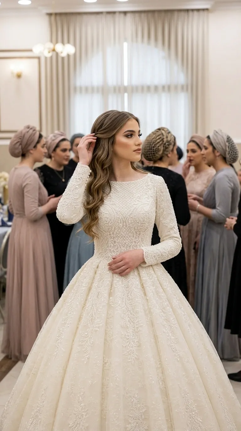 A luxurious, cream-colored, puffy princess-cut wedding dress, featuring a closed round neckline and long, tight sleeves. The dress is made of rich lace fabric and is decorated throughout with sparkling beading and intricate embroidery. The top is fitted at the waist and widens into a wide, impressive skirt with lots of volume and symmetrical lace embellishments.