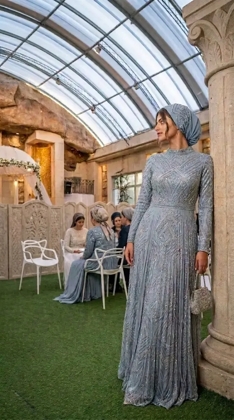 A modest wedding dress sewn with a personal design from high-quality fabrics and lace and beads, long sleeves and a boat neck.