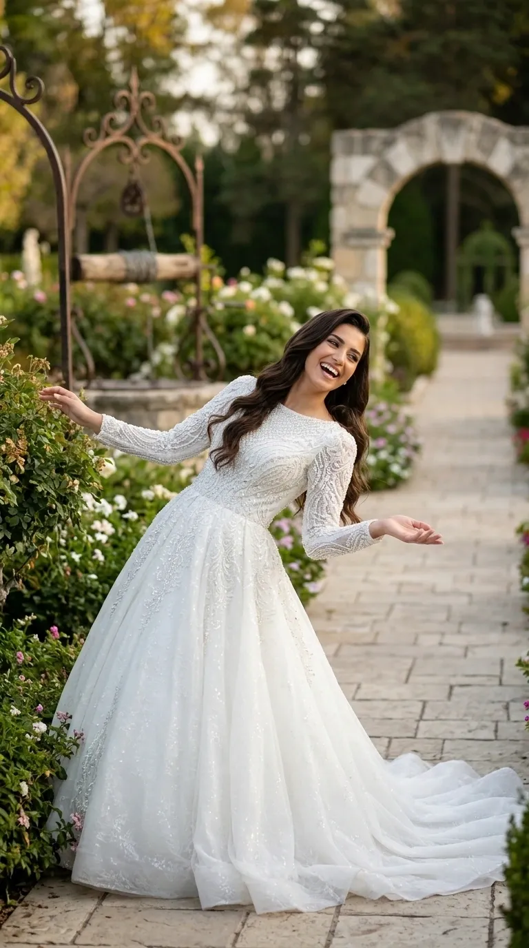 A white A-line wedding dress with a puffy skirt and train, made of layers of tulle decorated with delicate sequins. The top and long sleeves are characterized by a closed, round neckline and dense, rich embroidery of beads and pearls in geometric and floral patterns.