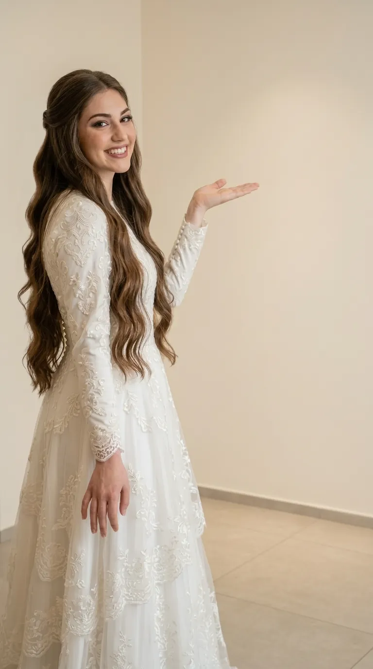 שמלת כלה לבנה וצנועה בגזרת A, המעוטרת לכל אורכה ברקמת תחרה עשירה בדוגמאות פרחוניות על גבי שכבות של בד טול. לשמלה שרוולים ארוכים וצמודים עם סיומת תחרה וכפתורים קטנים בפרקי הידיים, וצווארון עגול וגבוה המשתלב בעיטורי הרקמה. חצאית השמלה נשפכת בשכבות רכות הכוללות מוטיבים רקומיים ושולי תחרה מעוצבים.