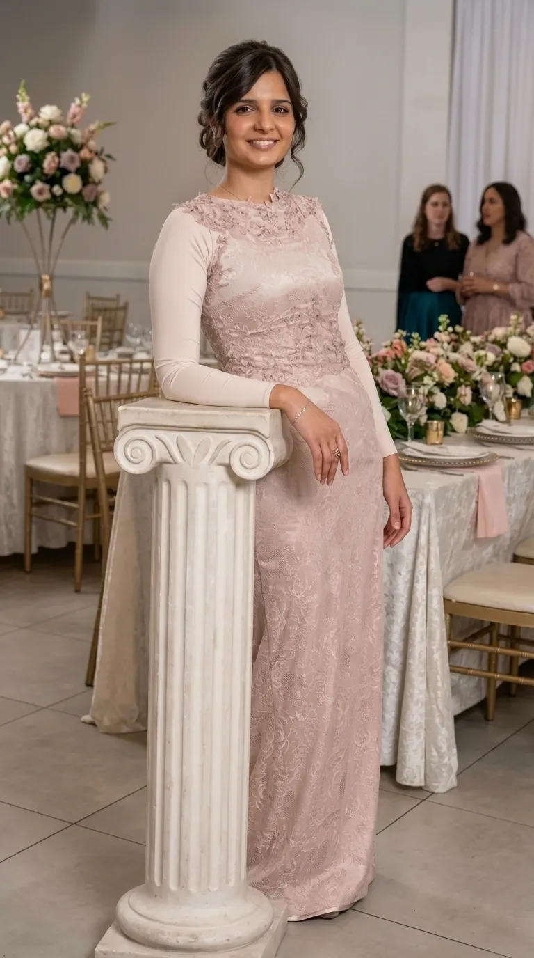 A long evening dress in an antique pink shade characterized by long, tight sleeves made of smooth fabric and a straight cut covered entirely in delicate floral lace. The round, high neckline area is decorated with three-dimensional lace appliqués and prominent floral decorations that blend into the upper part of the bodice.