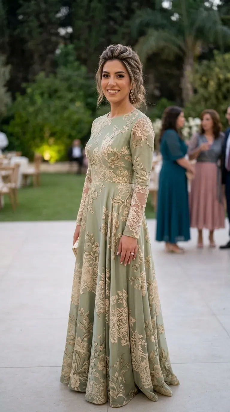 A long, light olive green evening dress in an A-line cut, featuring a round neckline and long, semi-sheer sleeves. The garment is decorated throughout with rich, cream-colored floral lace embroidery, with an emphasis on the waistline and a flowing skirt that reaches the floor.
