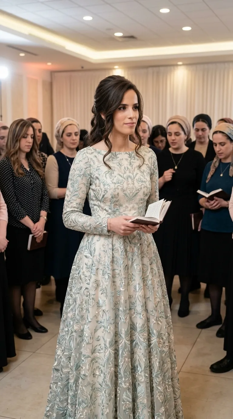 An A-line evening dress with a fitted bodice, a wide skirt, long sleeves and a classic boat neck. The garment is made of a light fabric covered entirely with rich lace embroidery with floral and leaf patterns in shades of green and silver that give it a striking texture. The detailed decorations extend the entire length of the dress, from the shoulders to the bottom hem.