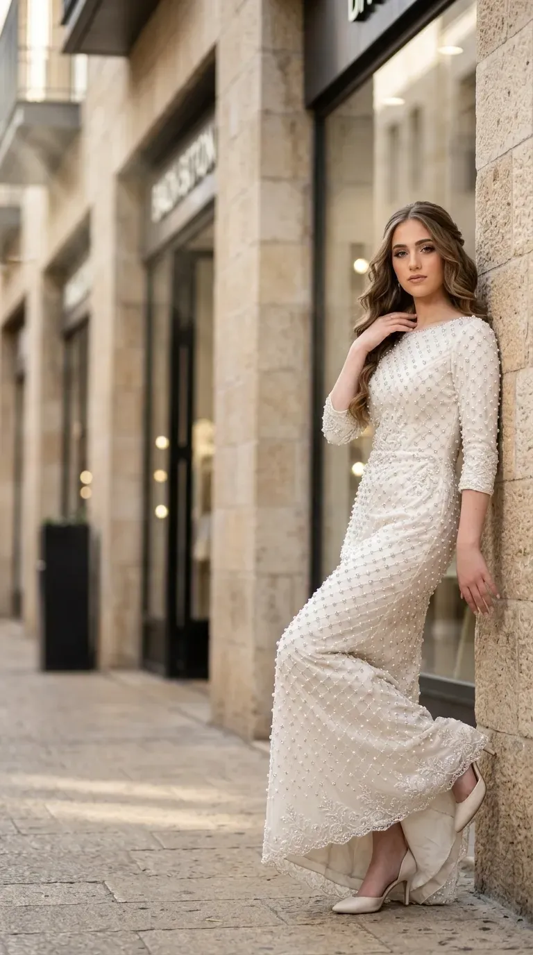 שמלת ערב בגוון שמנת ובגזרה צמודה ומחטבת, הכוללת שרוולי שלושת רבעי וצווארון סירה סגור. השמלה מעוטרת לכל אורכה בשיבוץ פנינים צפוף בדוגמת רשת מעוינים, עם עיטורי תחרה ורקמה עדינים בשולי השרוולים ובמכפלת החצאית המתרחבת מעט לכדי שובל קצר.