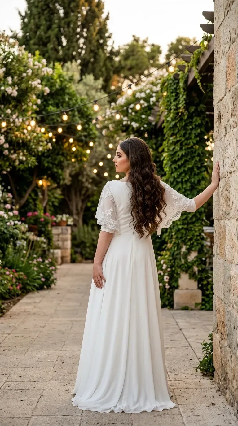 שמלת כלה לבנה בגזרה נשפכת עשויה בד חלק, עם חצאית ארוכה המגיעה עד הרצפה ומחשוף גב מעוגל. השמלה מתאפיינת בשרוולי "כנף" רחבים באורך המרפק העשויים מתחרה עדינה ושקופה עם עיטורי פרחים וסיומת משוננת. העיצוב משלב פשטות בחלק הגוף המרכזי עם פירוט תחרה דומיננטי בשרוולים.