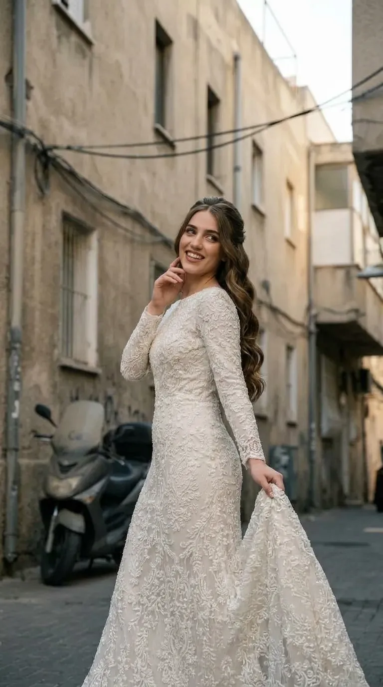 שמלת כלה בגזרה צמודה המתרחבת בחלקה התחתון לשובל ארוך, עשויה כולה מבד תחרה עשיר בדוגמאות פרחוניות ועיטורים בולטים. לשמלה שרוולים ארוכים ומחשוף עגול וגבוה המעניקים מראה שמרני ויוקרתי.