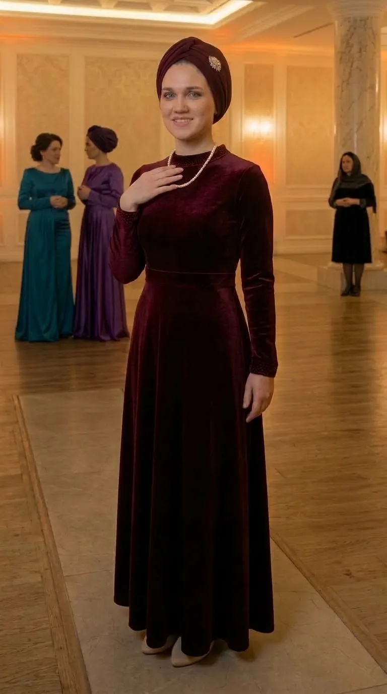 A long A-line evening dress made of deep burgundy velvet fabric, featuring a cinched waist and a flowing skirt. The dress has long, tight sleeves and a high collar decorated with delicate beading details at the edges.