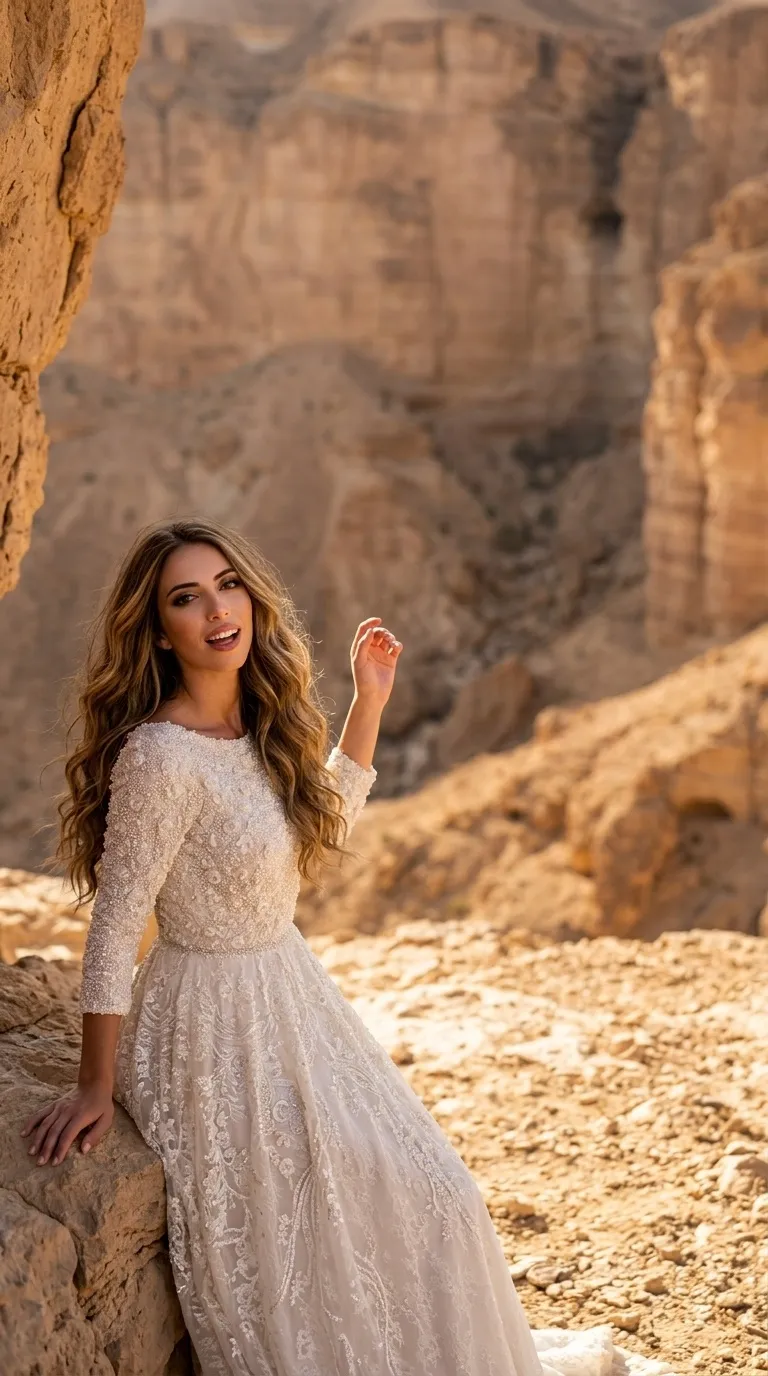 שמלת כלה בגזרת A עם שרוולים באורך שלושה רבעים ומחשוף עגול, המעוטרת בשיבוץ עשיר של פנינים וחרוזים בדוגמאות פרחוניות על כל החלק העליון. חצאית השמלה עשויה מבד תחרה עדין עם רקמה מורכבת של פרחים וערבסקות, כאשר המותן מודגשת באמצעות חגורת חרוזים עדינה המפרידה בין חלקי הבגד.