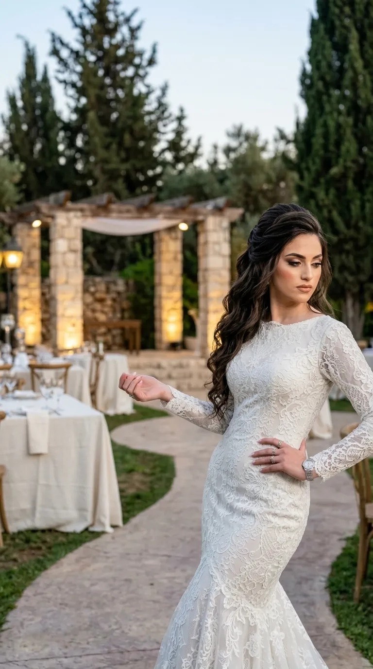 שמלת כלה לבנה בגזרת בת הים, העשויה כולה מתחרה עשירה בדוגמאות פרחוניות וגאומטריות עדינות. השמלה כוללת שרוולים ארוכים צמודים וצווארון עגול וגבוה, כאשר הגזרה עוקבת אחר קווי המתאר של הגוף ומתרחבת באופן בולט בחלקה התחתון.