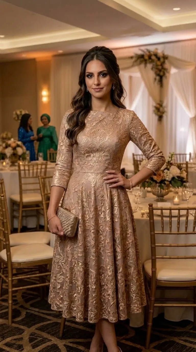 A-line midi-length evening dress made of rose gold jacquard fabric, decorated with embossed floral patterns with a metallic sheen. The dress has a high boat neckline, fitted three-quarter length sleeves, and a defined waist that opens into a wide skirt.
